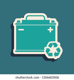 Green Car battery with recycle icon isolated on blue background.  Vector Illustration