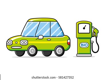 Green car and bio fuel pump isolated. Eco filling station.