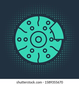 Green Car brake disk with caliper icon isolated on blue background. Abstract circle random dots. Vector Illustration
