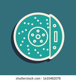 Green Car brake disk with caliper icon isolated on blue background. Long shadow style. Vector Illustration