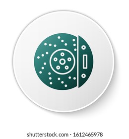 Green Car brake disk with caliper icon isolated on white background. White circle button. Vector Illustration
