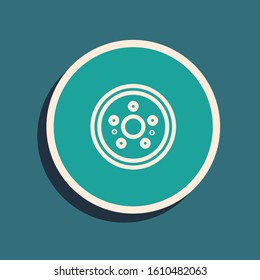 Green Car brake disk icon isolated on blue background. Long shadow style. Vector Illustration
