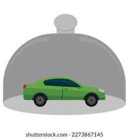 Green car covered by a glass lid