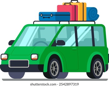 El coche verde se representa con el equipaje, incluyendo maletas y una manta enrollada, asegurada en su bastidor del techo, sugiriendo un viaje por carretera o viaje de vacaciones