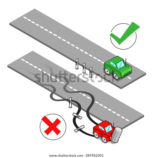 Green car driving straight ahead with ok\
check mark, red car crashing against a concrete pillar with no\
check mark (isometric\
illustration)
