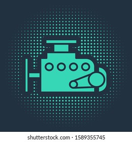 Green Car engine icon isolated on blue background. Abstract circle random dots. Vector Illustration