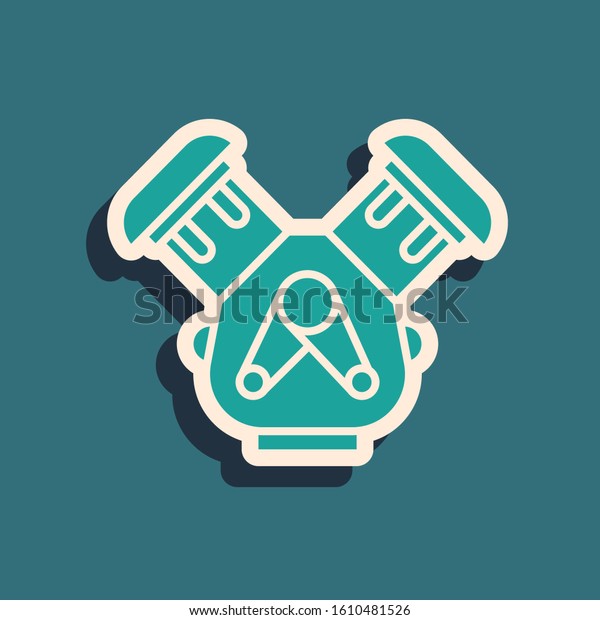 Green Car engine icon isolated on\
blue background. Long shadow style. Vector\
Illustration