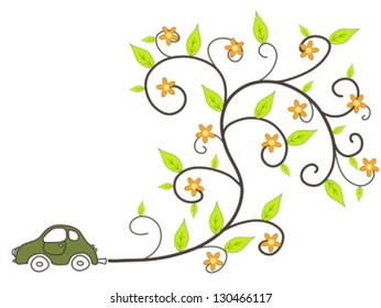 Green car - environmentally friendly low emissions vehicle with floral ornament coming out of exhaust. Eco concept.