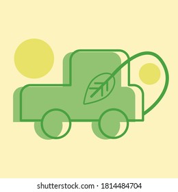 Green car flat icon vector for ecology and electric car, save the earth, leaf and sun, no gas emmision and pollution.