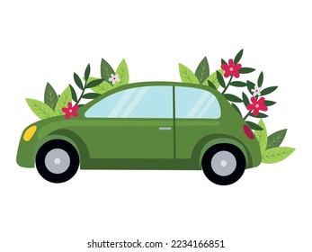 Green car with flowers, zero emission concept, zero net, flat vector illustration