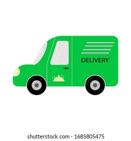 Green Car For Food Delivery From A Store, Restaurant, Cafe.Delivery Of Food Products.Business On Food Delivery To People.Vector Illustration