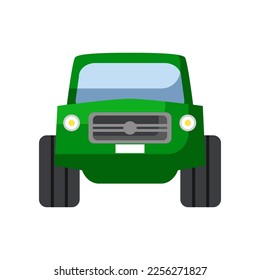 Green car front view cartoon vector illustration. Green transport vehicle, green car on white background. Means of transport, travel transportation concept