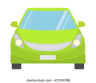 Green car front view. Concept of eco electric car. Fresh clean green car on white background.