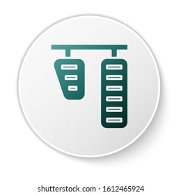 Green Car gas and brake pedals icon isolated on white background. White circle button. Vector Illustration