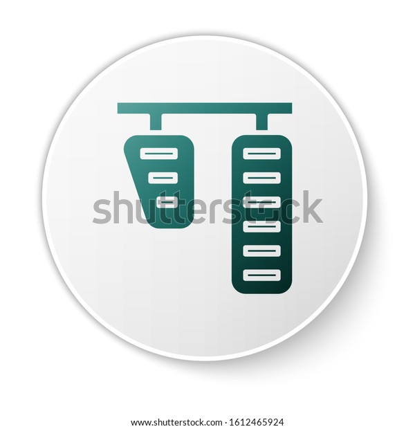 Green Car gas and\
brake pedals icon isolated on white background. White circle\
button. Vector\
Illustration