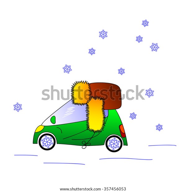 Green car in hat with ear flaps, snowy\
weather, winter vector\
illustration