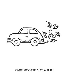 Green Car Icon In Doodle Sketch Lines. Low Emission, Electric Vehicle 