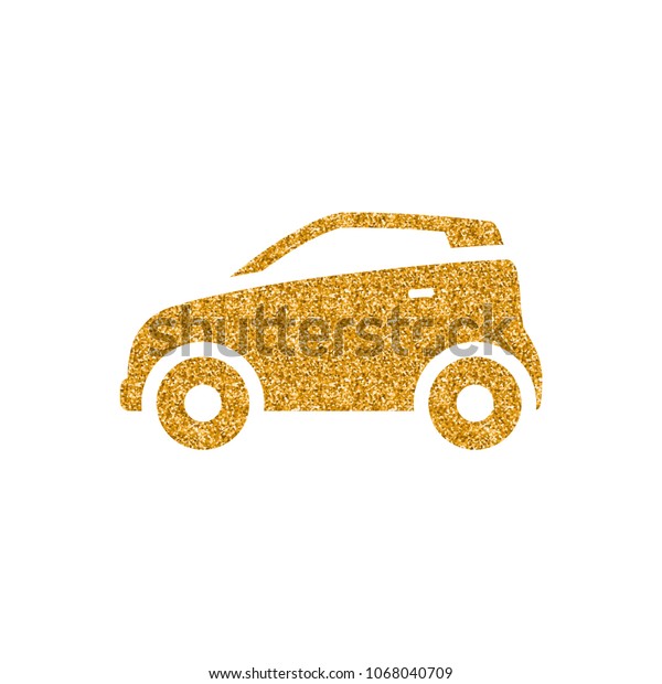 Green car icon in gold glitter texture.\
Sparkle luxury style vector\
illustration.