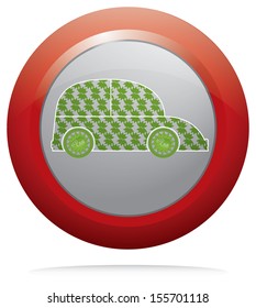 Green car illustration on red round button. Abstract vector illustration. Isolated easy to edit vector design.