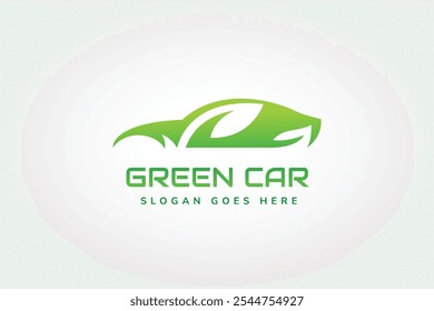 Concepto de logotipo de coche verde. Vehículos eléctricos, sostenibilidad y transporte ecológico