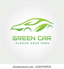 Concepto de logotipo de coche verde. Vehículos eléctricos, sostenibilidad y transporte ecológico