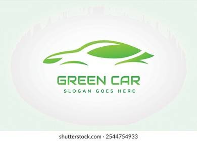 Concepto de logotipo de coche verde. Vehículos eléctricos, sostenibilidad y transporte ecológico