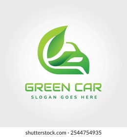 Concepto de logotipo de coche verde. Vehículos eléctricos, sostenibilidad y transporte ecológico