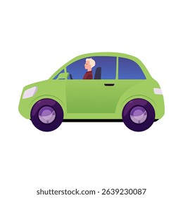 Green car with man driver vector flat icon. Cartoon electric car. Environmental protection technology. ECO friendly, clean alternative energy. Ecological transport