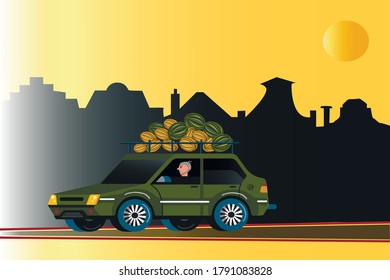 Green car with melons and watermelons. Delivery of fresh fruit from the market.Vector illustration.
