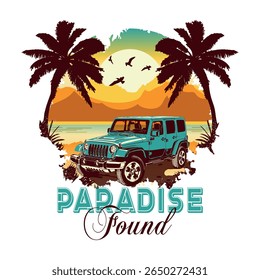 Green car on the background of the beach. Illustration in a circle. Retro