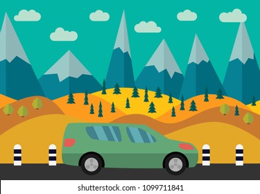 Green car on the road against the backdrop of the forest and mountains. Vector illustration.
