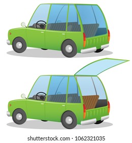 Green car with an open rear door. Vector color flat illustration isolated on other background.