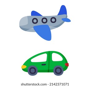 Green Car and Plane as Colorful Kids Toy Vector Set