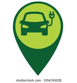 Green car with plug in cable, electric vehicle charging station concept
