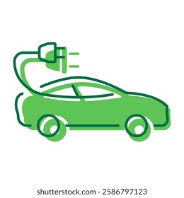 Green Car with Plug Eco Transport Pictogram. Ecology Electric Automobile Vehicle Transportation Icon. Hybrid Auto Car on Electricity Energy Icon. Editable Stroke. Isolated Vector Illustration.