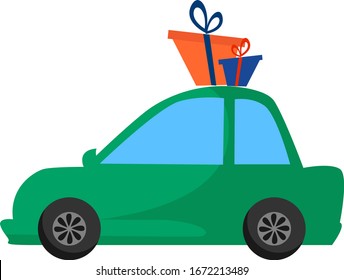 Green car with presents, illustration, vector on white background.