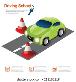 green car and road cone , Driving School