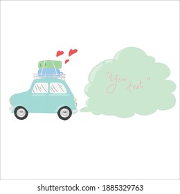 green car with roof luggage and three red hearts and copy space in smoke vector illustration isolated on white background