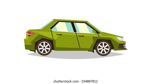 Green car sedan. Side view. Transport for travel. Gas engine. Alloy wheels. Vector illustration. Flat style 