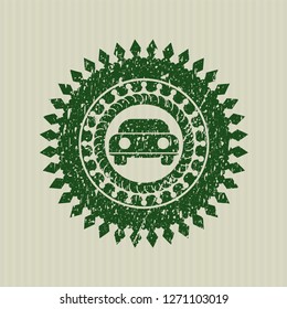 Green car seen from front icon inside distressed rubber grunge texture stamp
