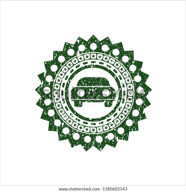 Green car seen from front icon inside distress\
grunge style stamp