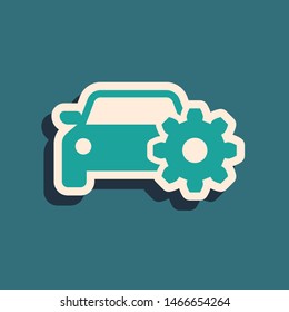 Green Car service icon isolated on blue background. Auto mechanic service. Mechanic service. Repair service auto mechanic. Maintenance sign. Long shadow style. Vector Illustration
