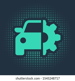 Green Car service icon isolated on blue background. Auto mechanic service. Mechanic service. Repair service auto mechanic. Maintenance sign. Abstract circle random dots. Vector Illustration
