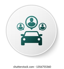 Green Car sharing with group of people icon isolated on white background. Carsharing sign. Transport renting service concept. White circle button. Vector Illustration