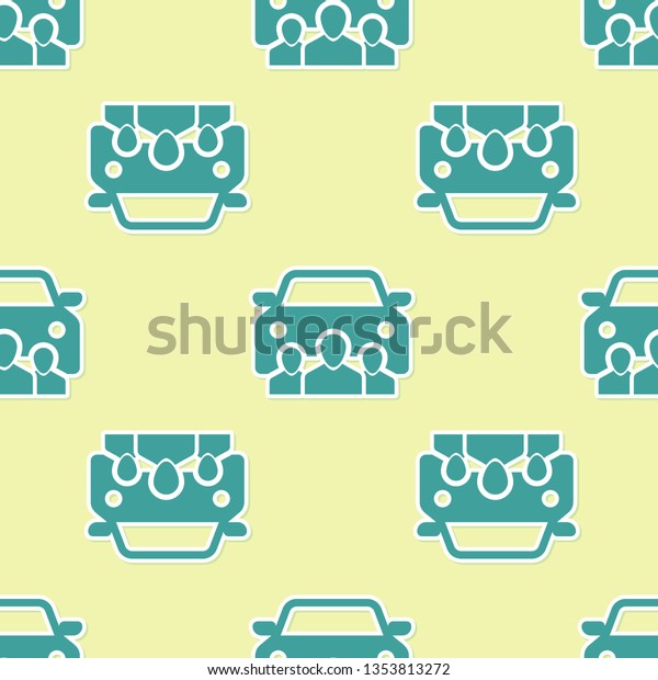 Green Car\
sharing with group of people icon isolated seamless pattern on\
yellow background. Carsharing sign. Transport renting service\
concept. Flat design. Vector\
Illustration