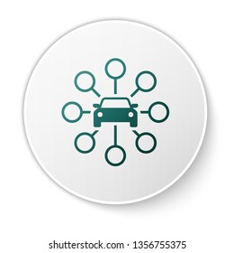 Green Car sharing icon isolated on white background. Carsharing sign. Transport renting service concept. White circle button. Vector Illustration
