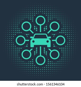 Green Car sharing icon isolated on blue background. Carsharing sign. Transport renting service concept. Abstract circle random dots. Vector Illustration