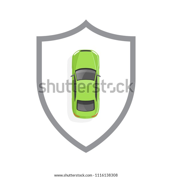 Green car and shield. Car security /\
insurance concept. Vector\
illustration