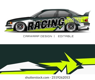 Coche verde que muestra el diseño de carreras sobre fondo blanco, perfecto para anuncios automotrices, promoción de eventos deportivos y diseños temáticos de carreras.