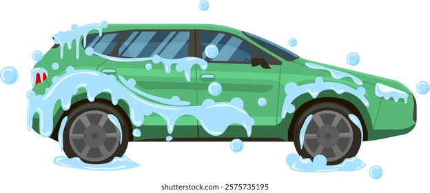 Green car shown in profile view, enjoying a thorough car wash, enveloped in soap suds and water, representing the essence of car cleaning and maintenance